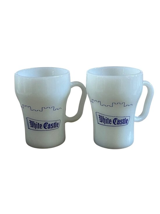 Fire-King Other - 2 Fire-King Anchor Hocking White Castle Milk Glass Coffee Mug Blue Graphics Vtg